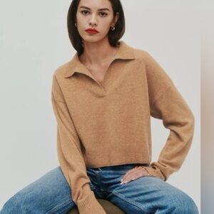 Reformation Cashmere Polo V Neck Sweater In Camel Tan Color Size Small